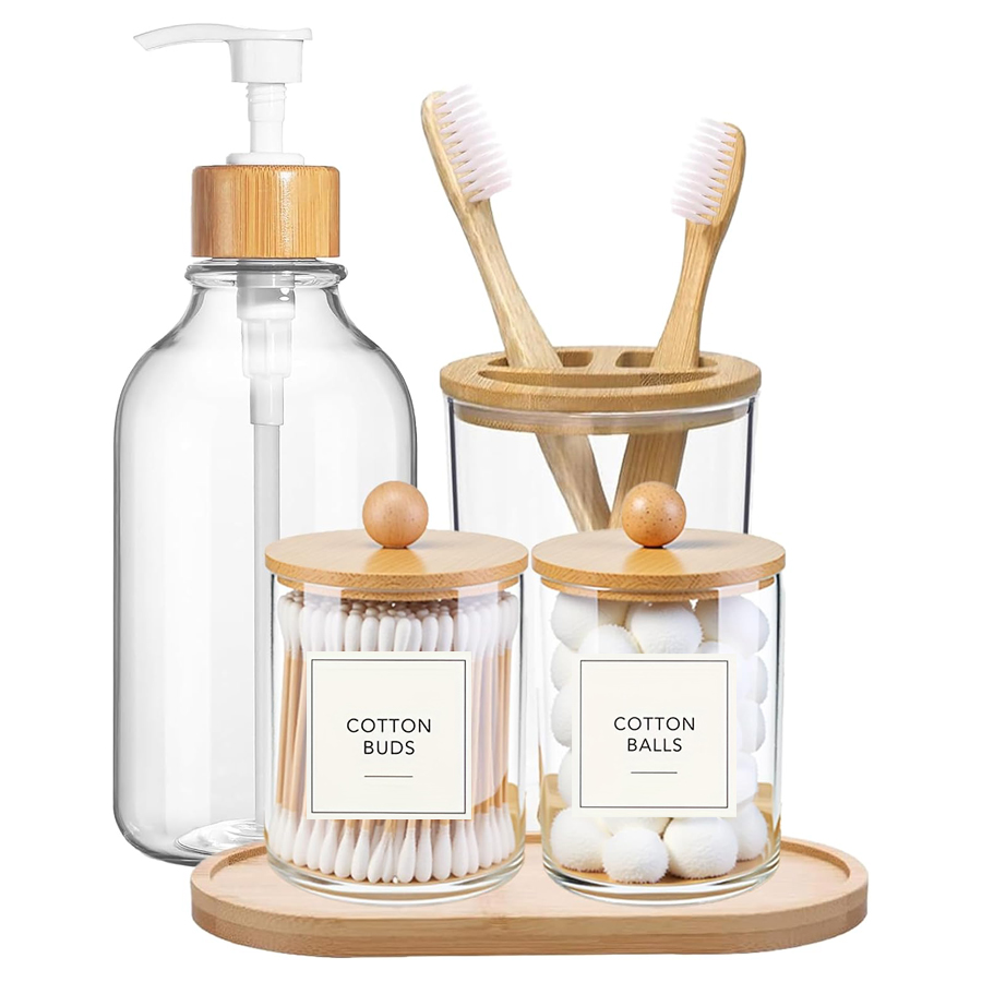 Zara Home Bathroom Set - 5 Pack Bamboo Bathroom Accessories Set