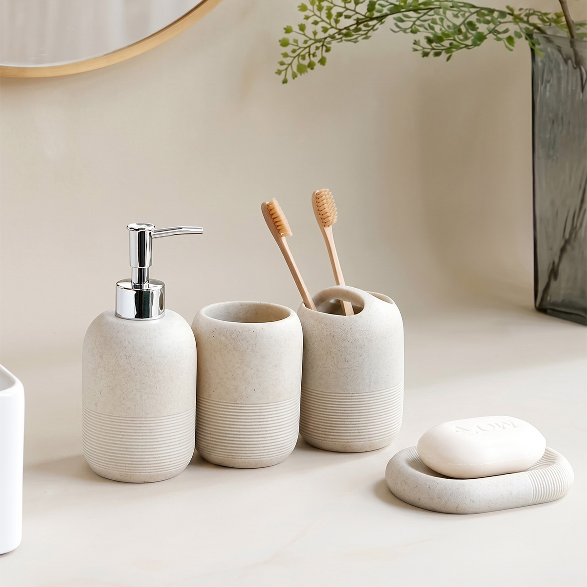 Zara Home Bathroom Set - Modern Sandstone Resin Bathroom Accessories Set,