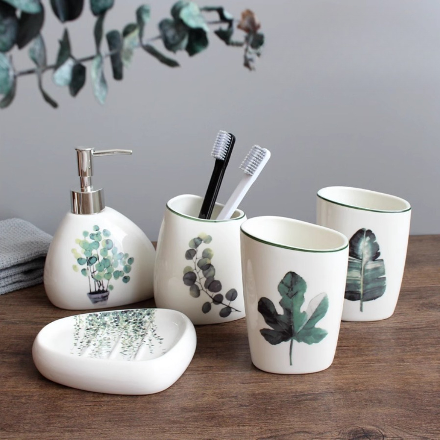 Zara Home Bathroom Set - White Ceramic Bathroom Accessory Set Washing